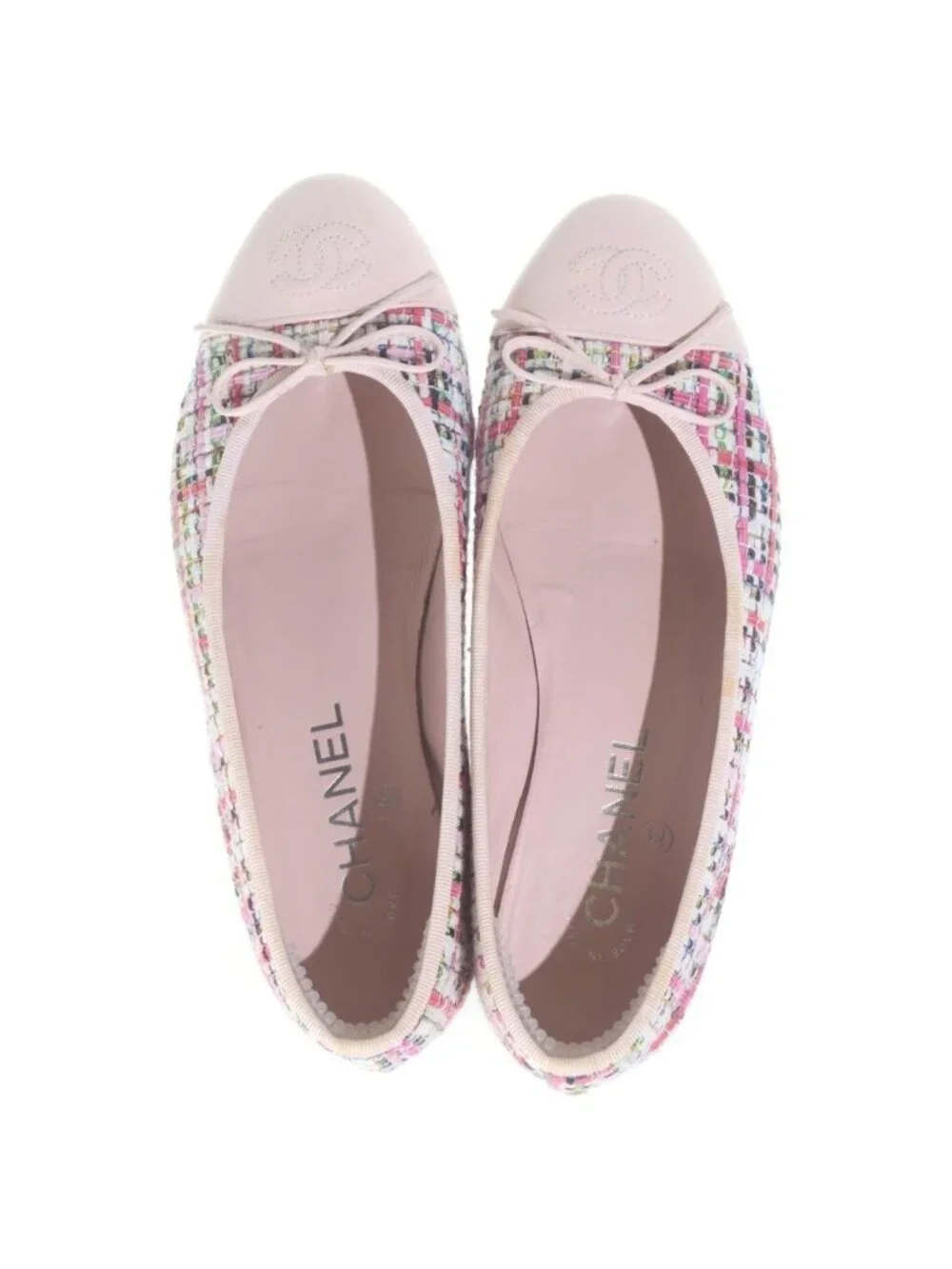 Chanel CC Logo Pumps Ballet Shoes Flat Pink Tweed Xleather